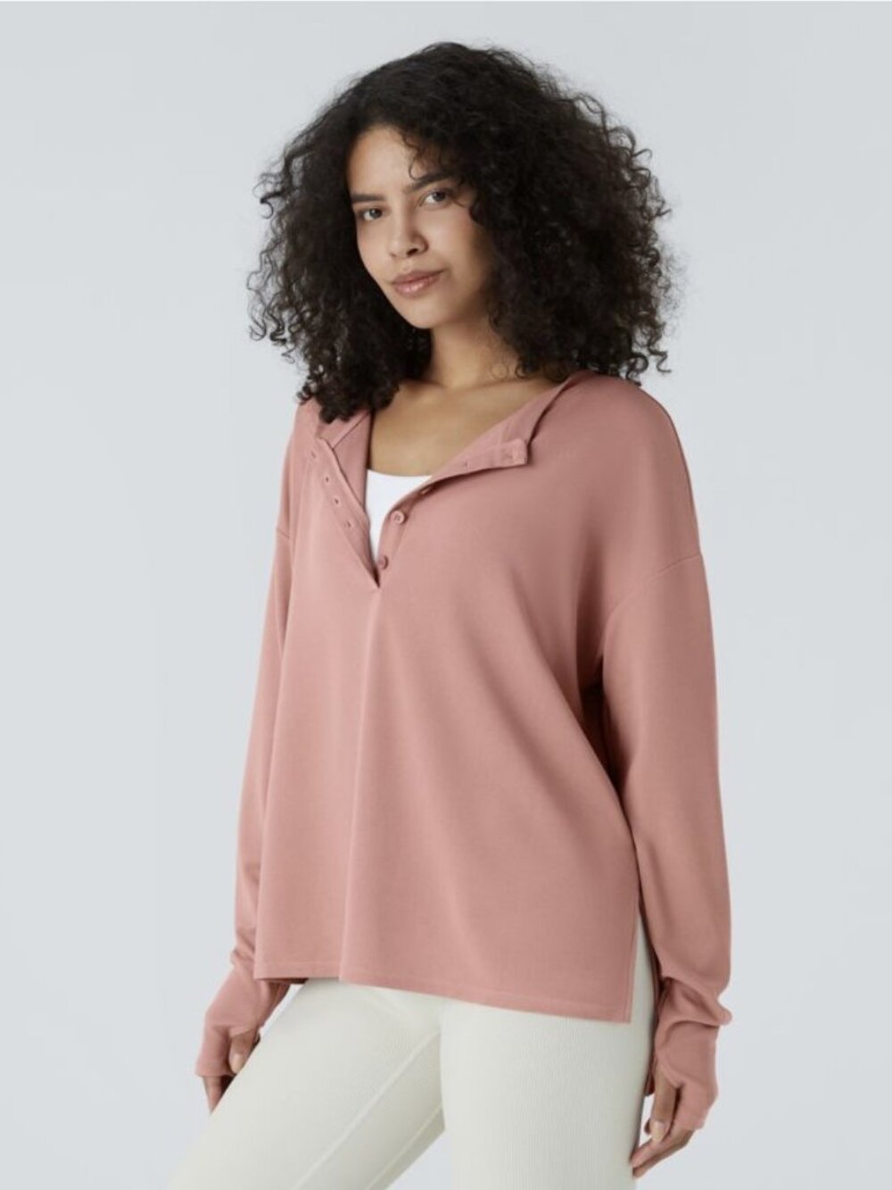 Halara Shirt Women Large Pink Waffle Knit Henley Thermal Stretch Top Lightweight